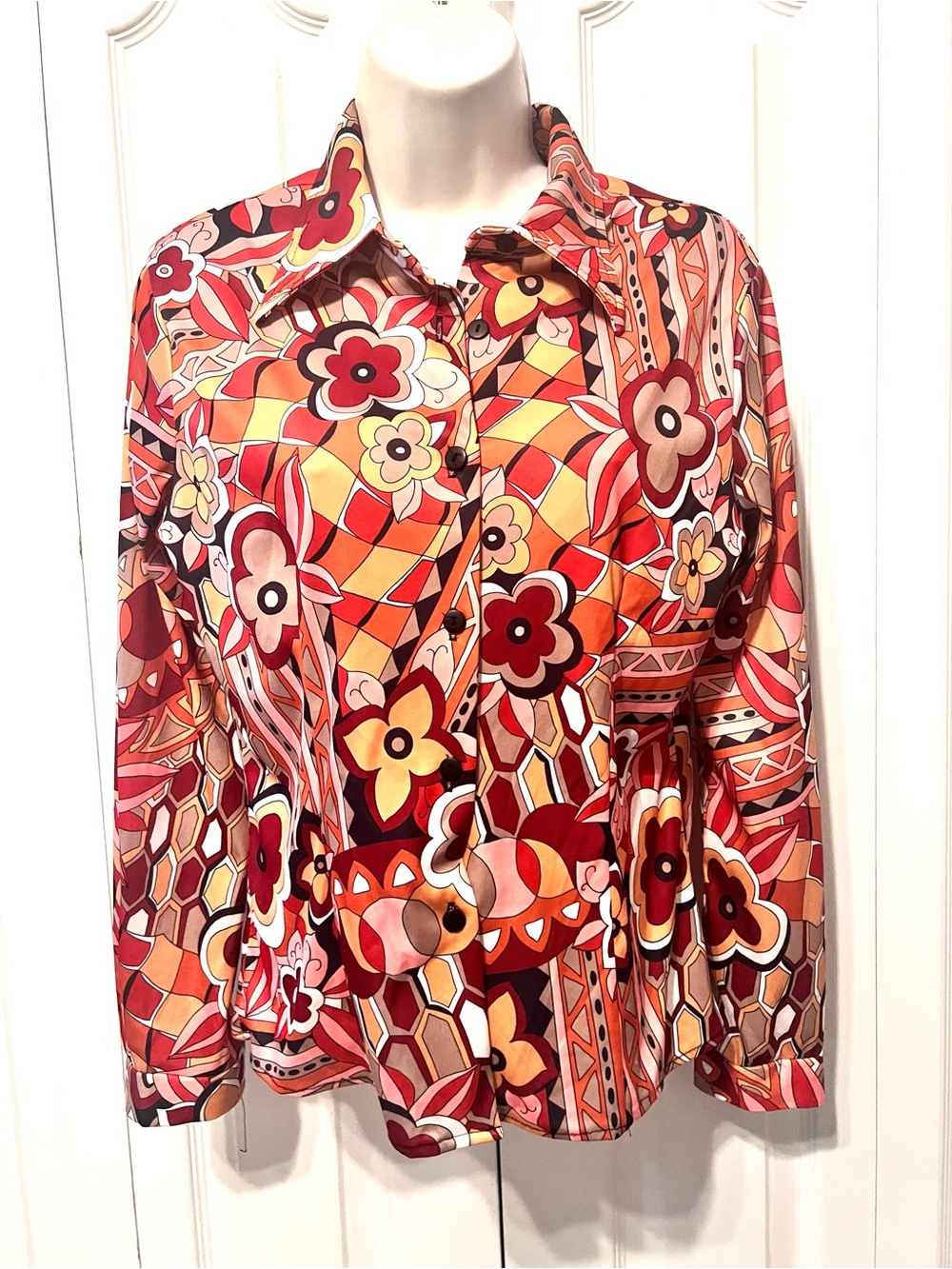 South Coast-Floral Retro Vintage Multi Color Long Sleeve Button Up Blouse-LG